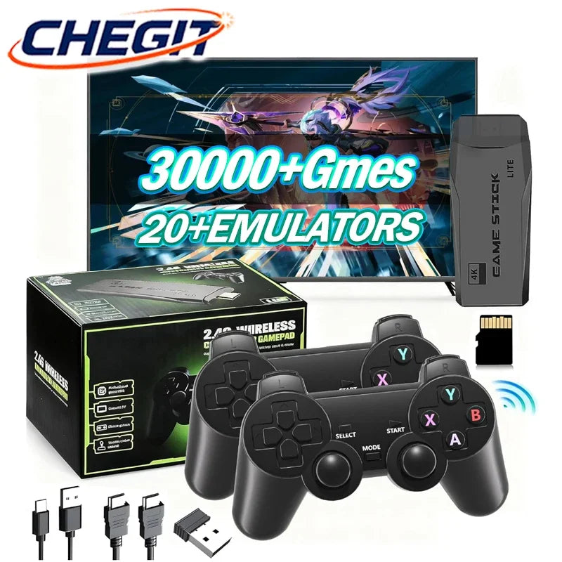 Hai tay cầm game màu đen, một hộp, và một USB game stick trên nền đồ họa nhiều màu sắc.