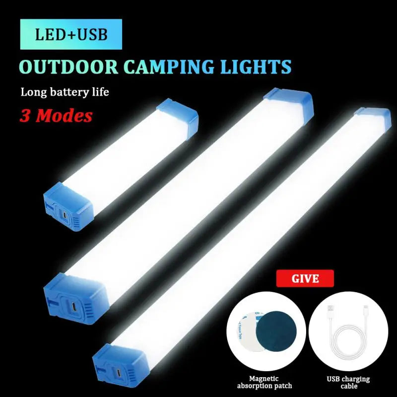 Đèn trại LED, ba kích thước, sáng trắng, đầu màu xanh dương, kèm cáp USB và miếng dính từ.