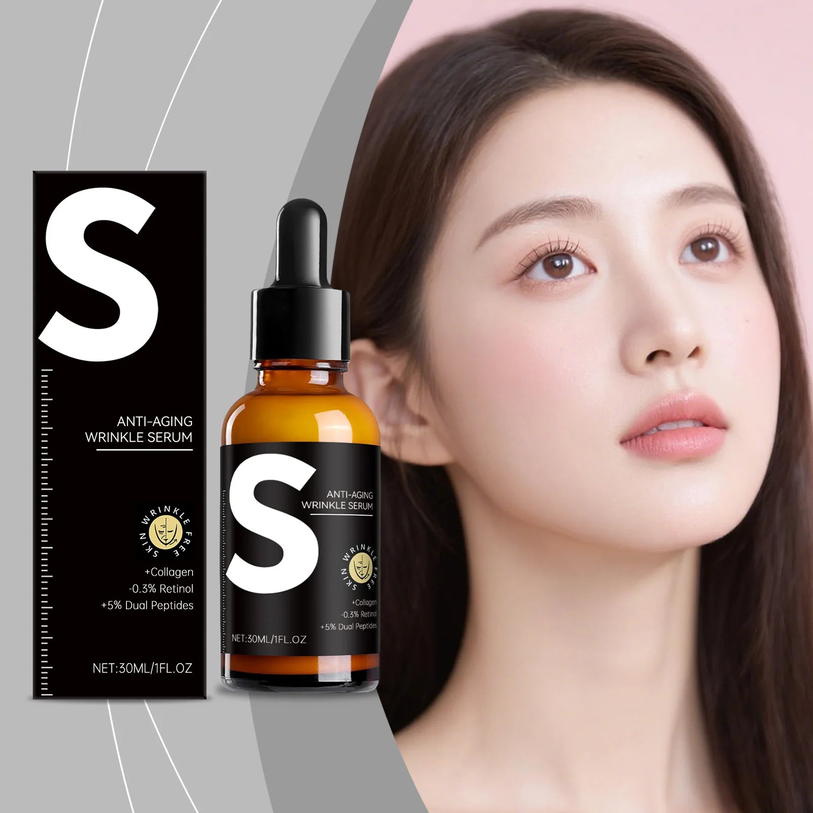 Chai serum màu nâu, nhãn đen chữ trắng “S”, bên cạnh là hình người phụ nữ nhìn xa.