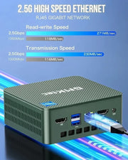 Hộp Ethernet màu xanh lá, có cổng USB và HDMI, kết nối cáp mạng, nền xanh dương với chữ và thanh tốc độ.