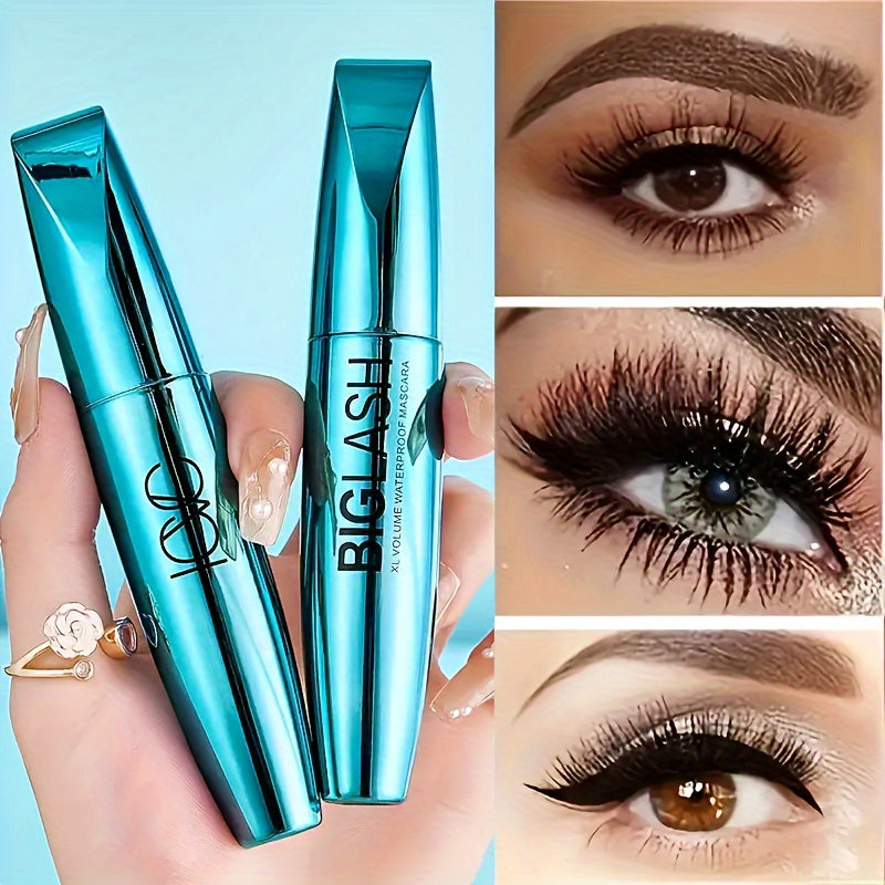 Hai cây mascara màu xanh ánh kim, bên cạnh là ảnh mắt trang điểm với mi dày và sắc nét.