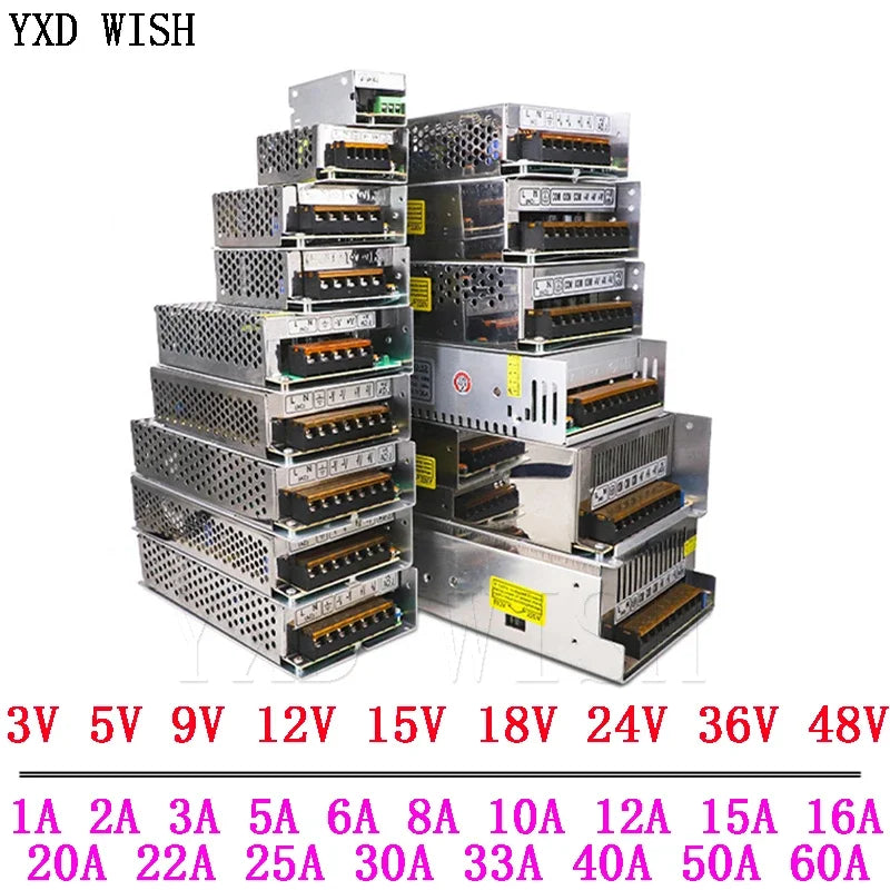Nhiều bộ nguồn kim loại xếp chồng, có khe thông gió và nhãn điện áp từ 3V đến 48V.