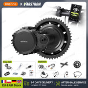 Bộ động cơ xe đạp điện Bafang màu đen, kèm màn hình hiển thị tốc độ và phụ kiện đi kèm.