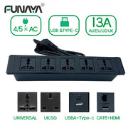 Ổ cắm điện đen với 5 lỗ cắm đa năng, cổng USB, Type-C, CAT6 và HDMI.