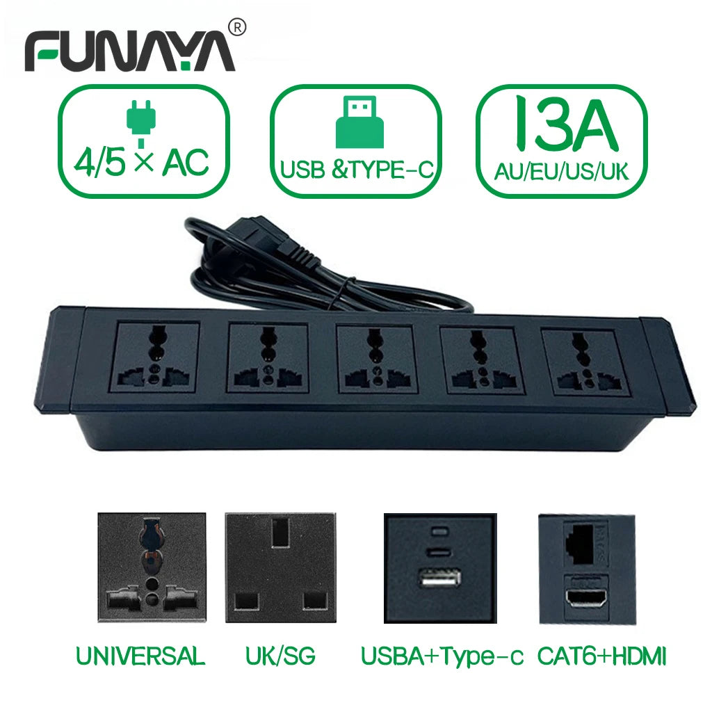 Ổ cắm điện đen với 5 lỗ cắm đa năng, cổng USB, Type-C, CAT6 và HDMI.