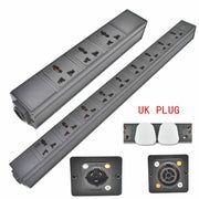 Ổ cắm điện màu đen dài với nhiều lỗ cắm, có phích cắm UK và đèn báo.