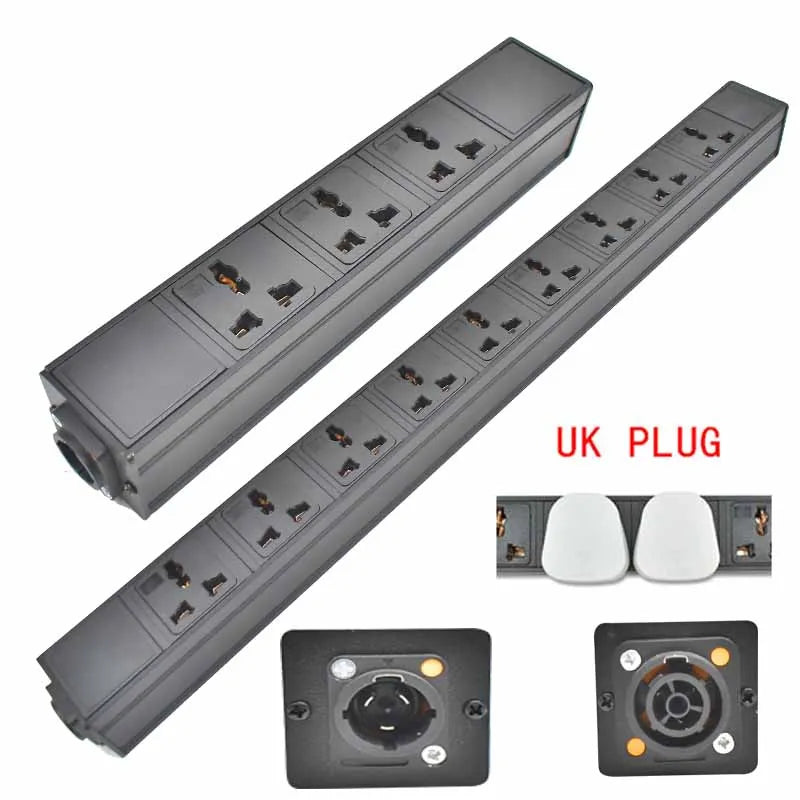 Ổ cắm điện màu đen dài với nhiều lỗ cắm, có phích cắm UK và đèn báo.