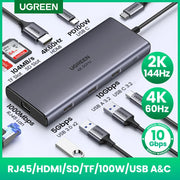 Bộ chia Ugreen màu xám, có cổng HDMI, USB, SD, RJ45, cùng thông số 2K, 4K, tốc độ 10 Gbps.
