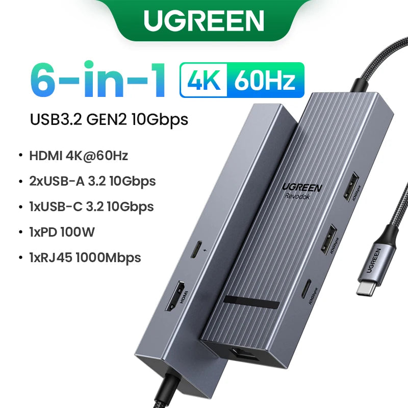 UGREEN 10Gbps USB C HUB 4K60Hz Type-C to HDMI RJ45 PD100W SD&TF USB Adapter for Macbook iPad Samsung Laptop Accessories Docking - Daisan Mart