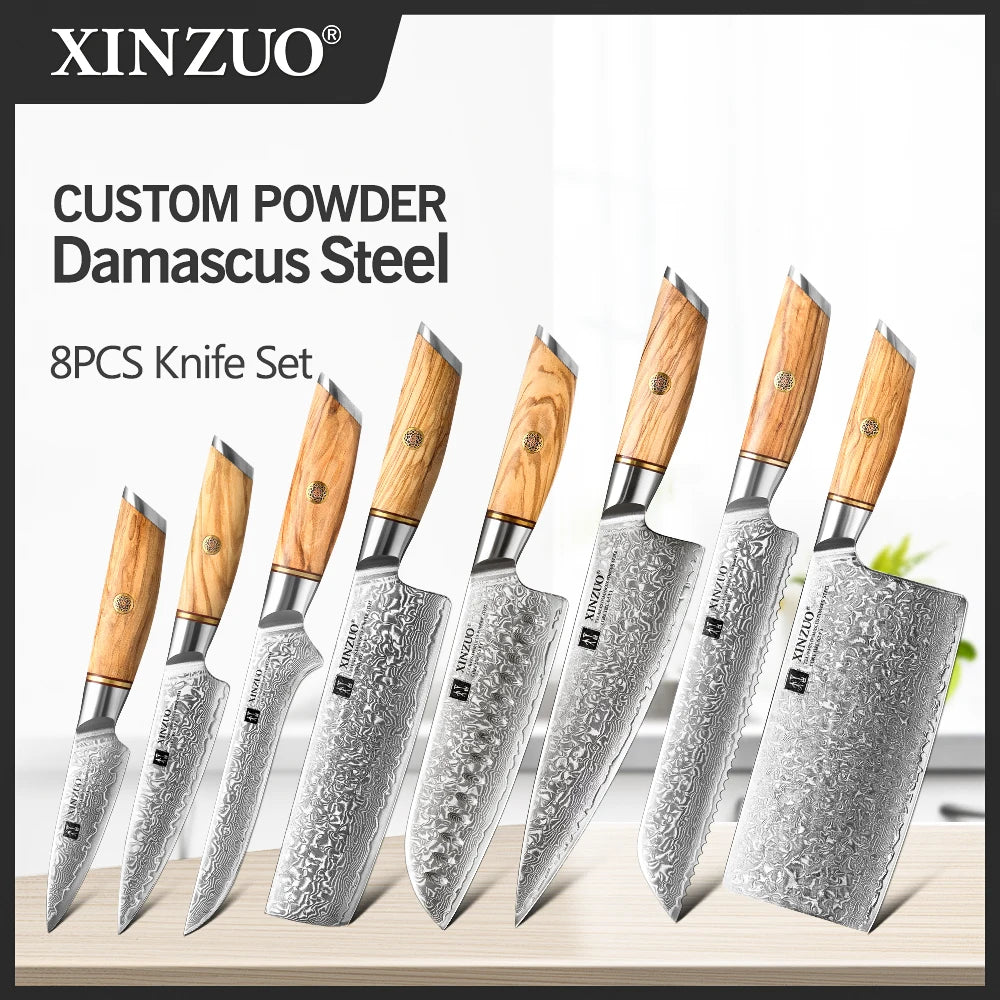Bộ dao 8 chiếc thép Damascus, lưỡi hoa văn, cán gỗ nâu sáng tự nhiên.