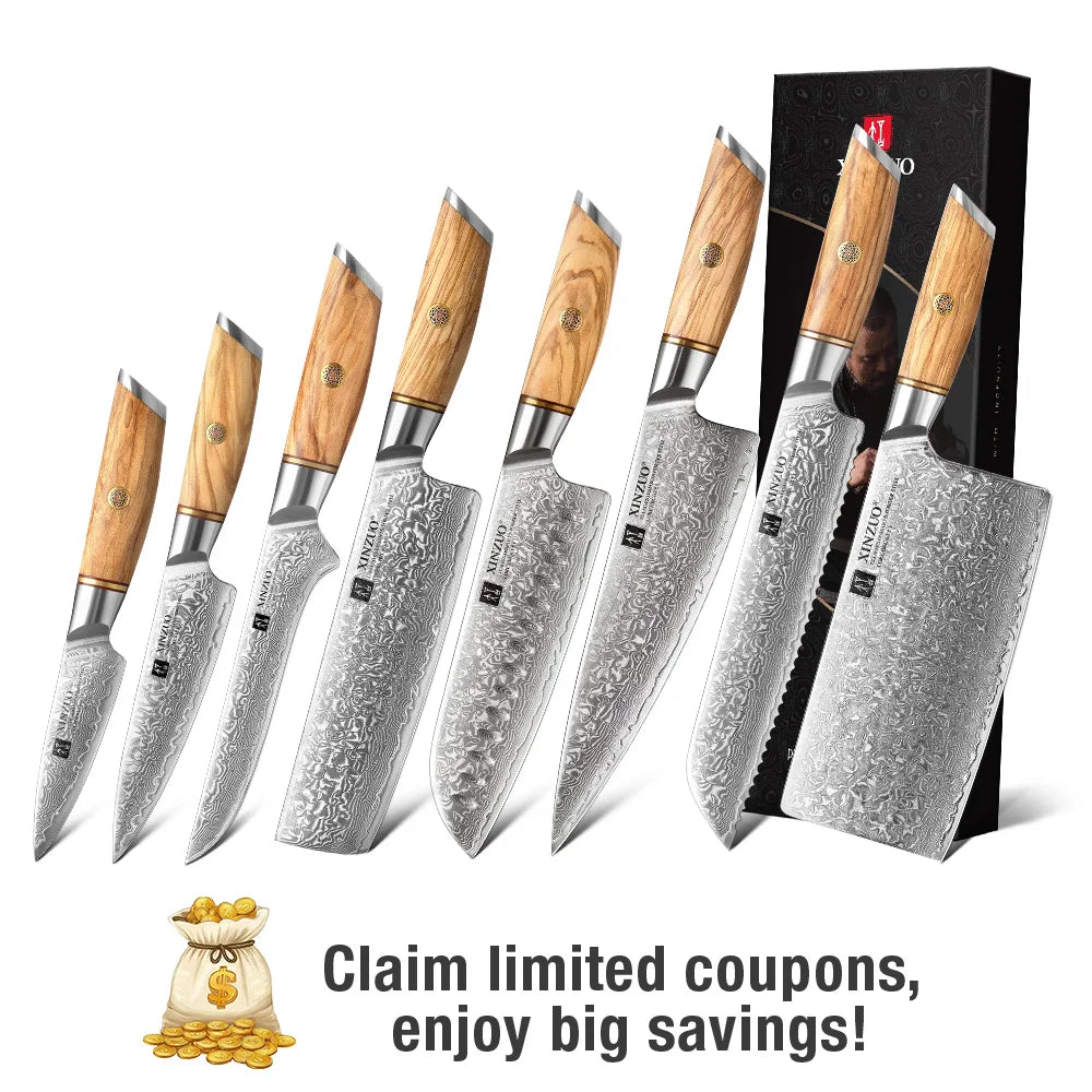XINZUO 1-8pcs Kitchen Knife Set 73 Layers Custom Damascus Steel 15°±1 Per Side Steel Blade with Olive Wood Handle - Daisan Mart
