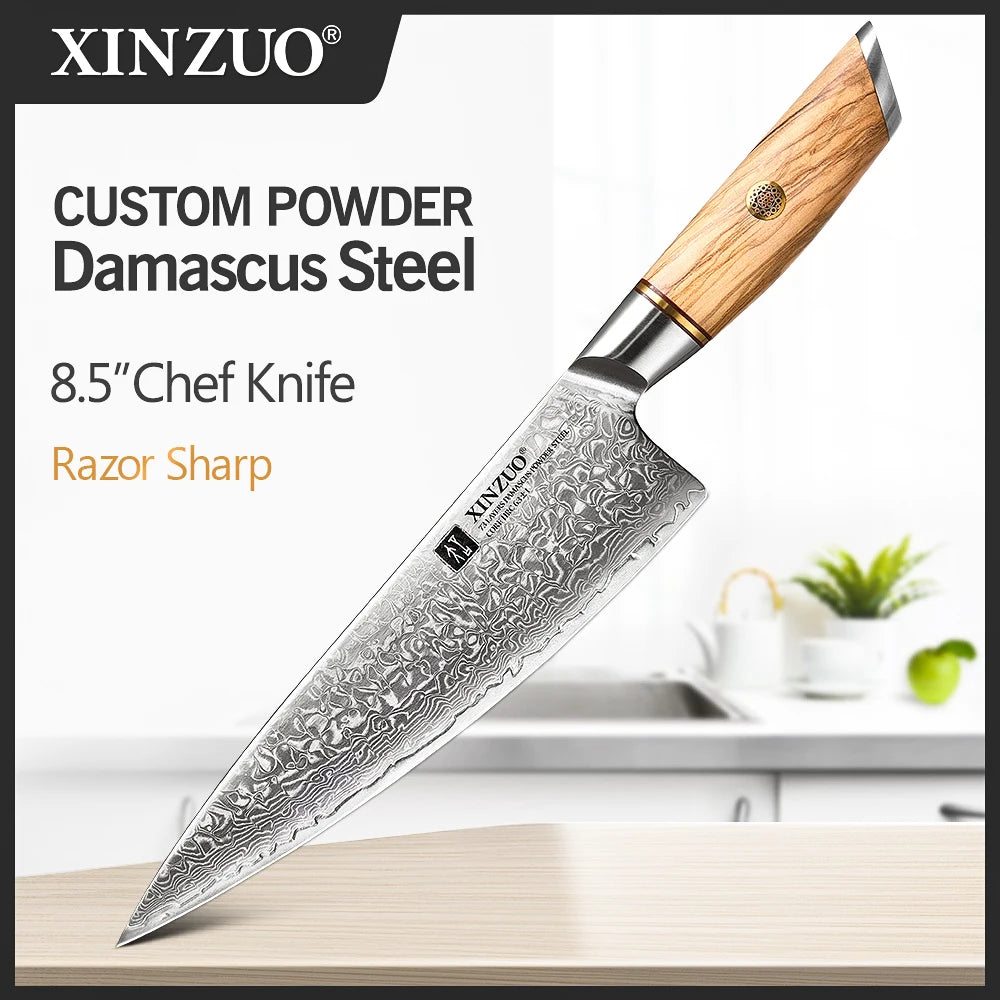 XINZUO 1-8pcs Kitchen Knife Set 73 Layers Custom Damascus Steel 15°±1 Per Side Steel Blade with Olive Wood Handle - Daisan Mart