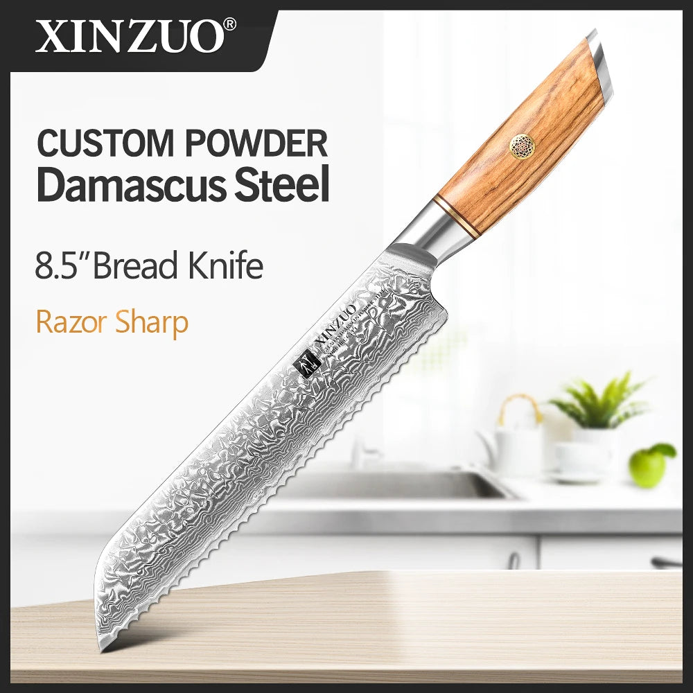 XINZUO 1-8pcs Kitchen Knife Set 73 Layers Custom Damascus Steel 15°±1 Per Side Steel Blade with Olive Wood Handle - Daisan Mart
