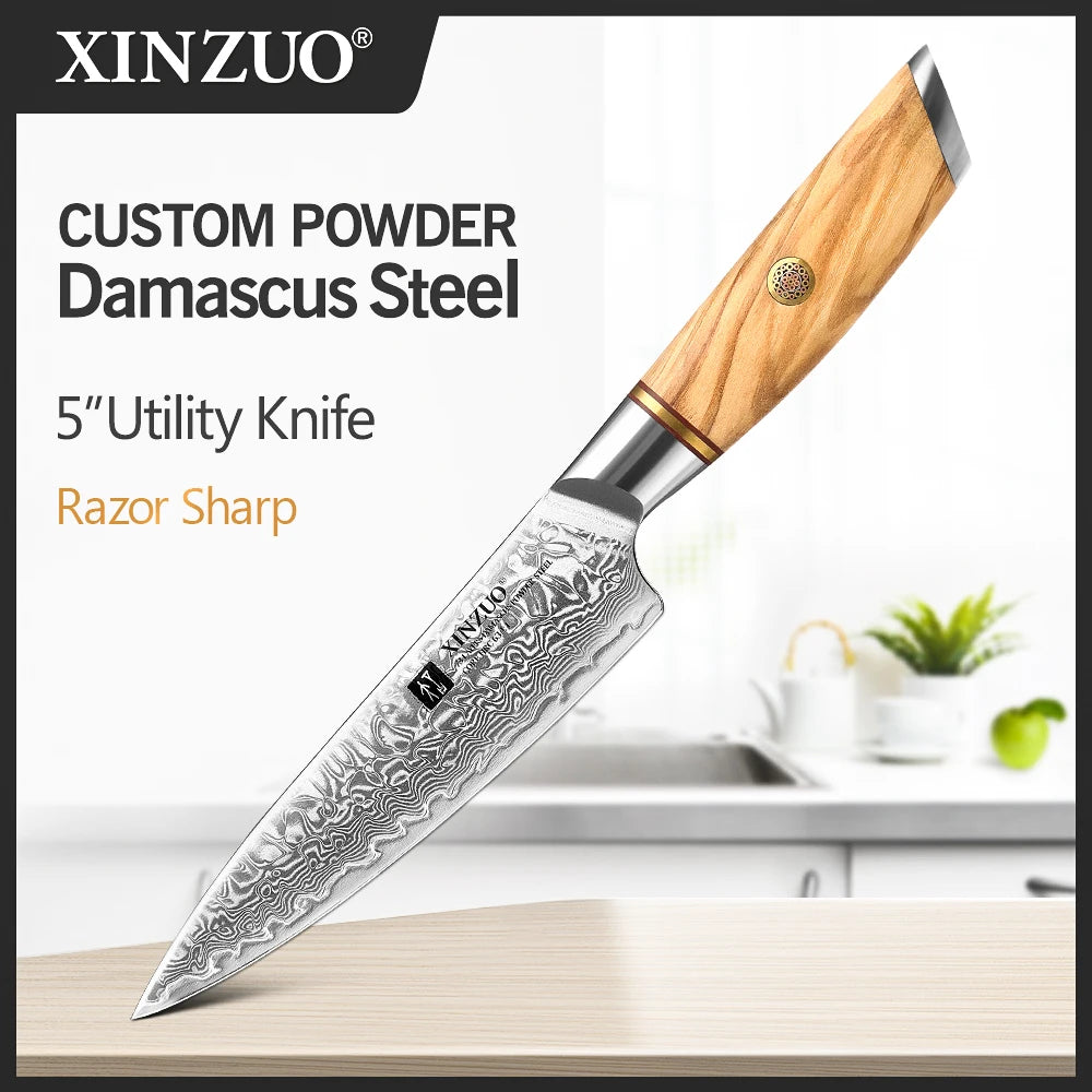 XINZUO 1-8pcs Kitchen Knife Set 73 Layers Custom Damascus Steel 15°±1 Per Side Steel Blade with Olive Wood Handle - Daisan Mart