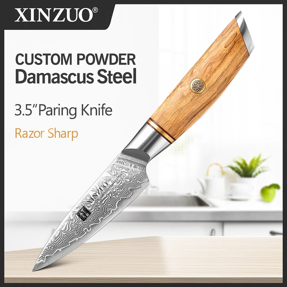 XINZUO 1-8pcs Kitchen Knife Set 73 Layers Custom Damascus Steel 15°±1 Per Side Steel Blade with Olive Wood Handle - Daisan Mart