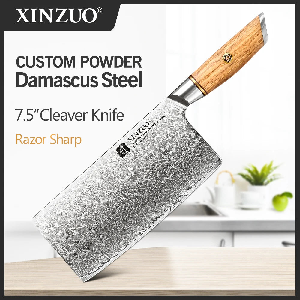 XINZUO 1-8pcs Kitchen Knife Set 73 Layers Custom Damascus Steel 15°±1 Per Side Steel Blade with Olive Wood Handle - Daisan Mart