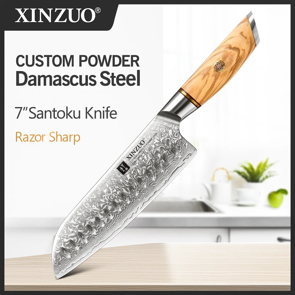 XINZUO 1-8pcs Kitchen Knife Set 73 Layers Custom Damascus Steel 15°±1 Per Side Steel Blade with Olive Wood Handle - Daisan Mart