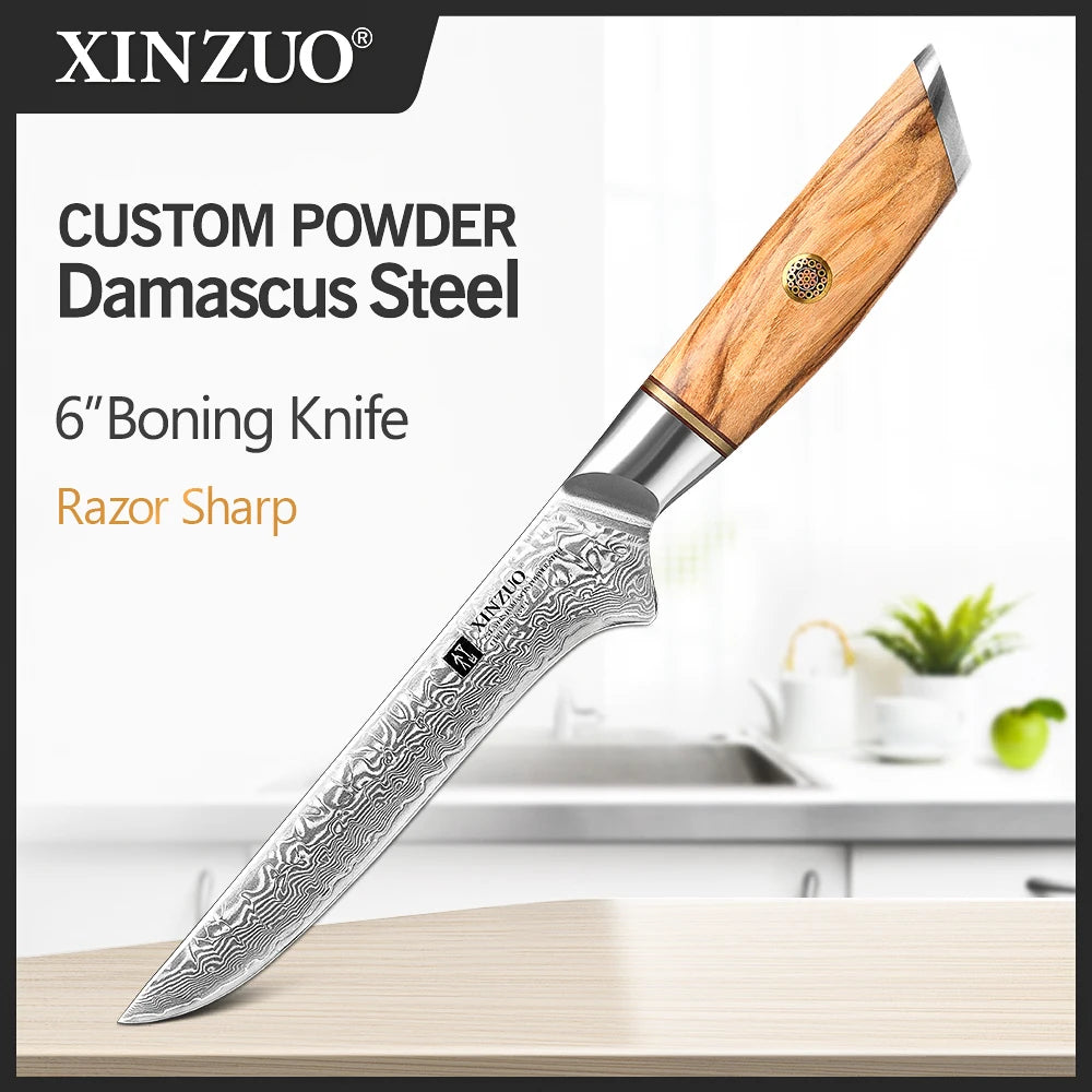 XINZUO 1-8pcs Kitchen Knife Set 73 Layers Custom Damascus Steel 15°±1 Per Side Steel Blade with Olive Wood Handle - Daisan Mart