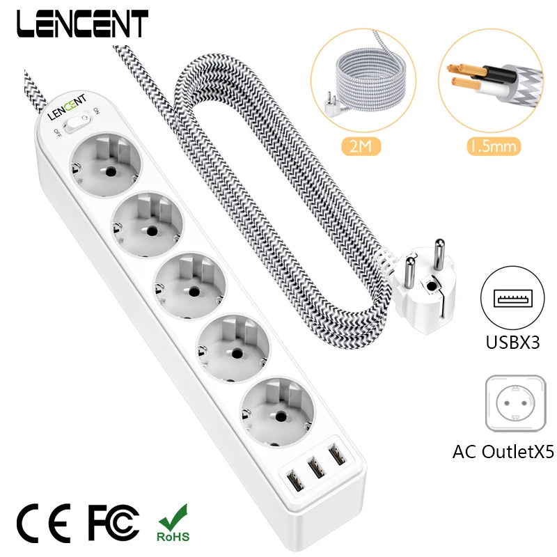 Ổ cắm điện trắng với 5 ổ tròn, 3 cổng USB, dây vải đen trắng dài 2m, phích cắm hai chấu.