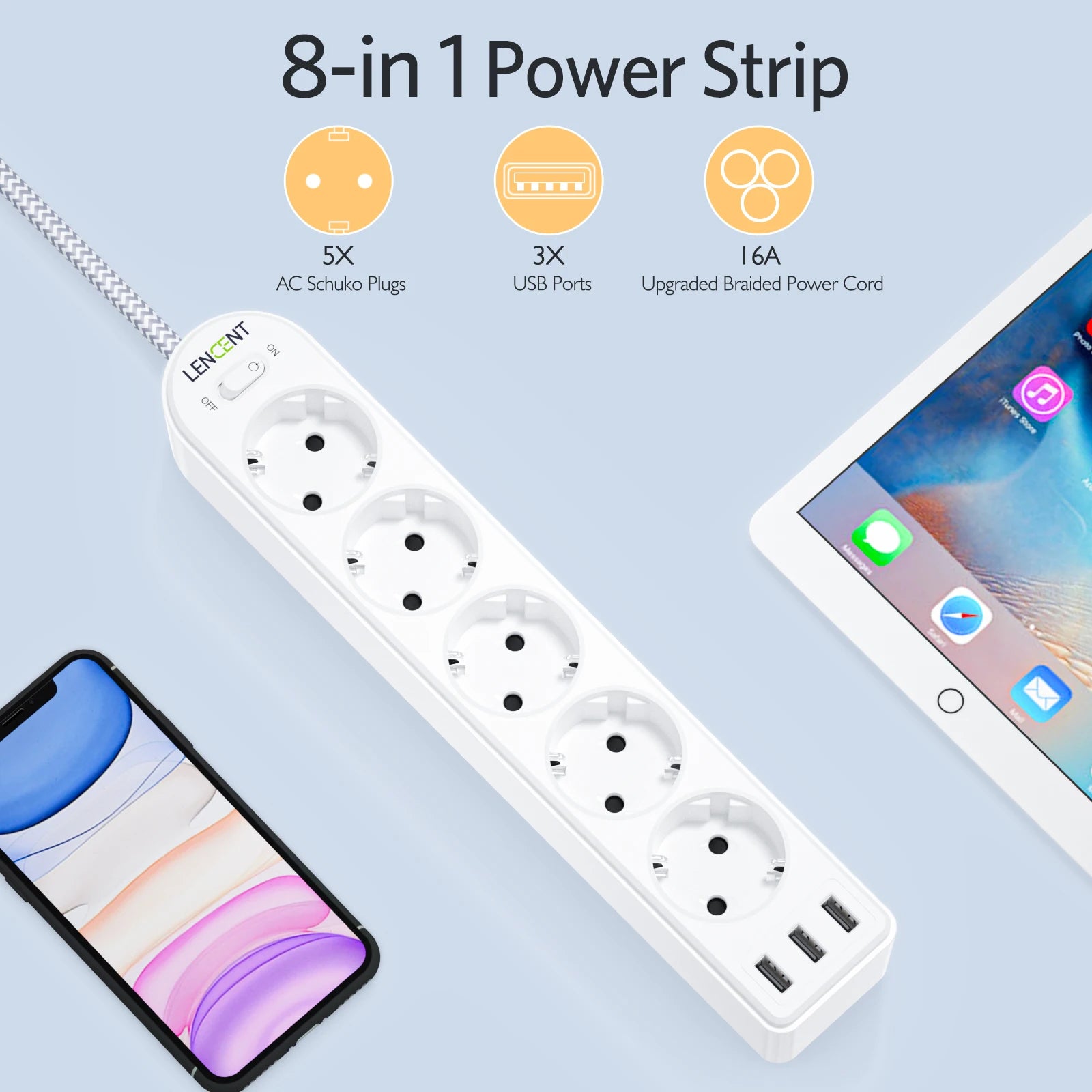 LENCENT - 8-in-1 Multi-function Socket, 5 Sockets, 3 USB