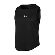 Áo tank top màu đen, không tay, có biểu tượng tạ trắng nhỏ ở giữa ngực.