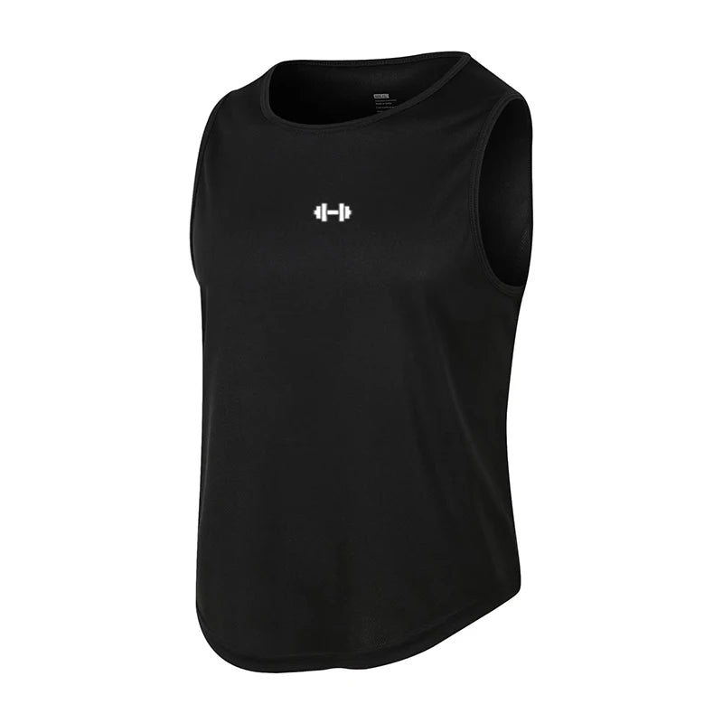 Áo tank top màu đen, không tay, có biểu tượng tạ trắng nhỏ ở giữa ngực.