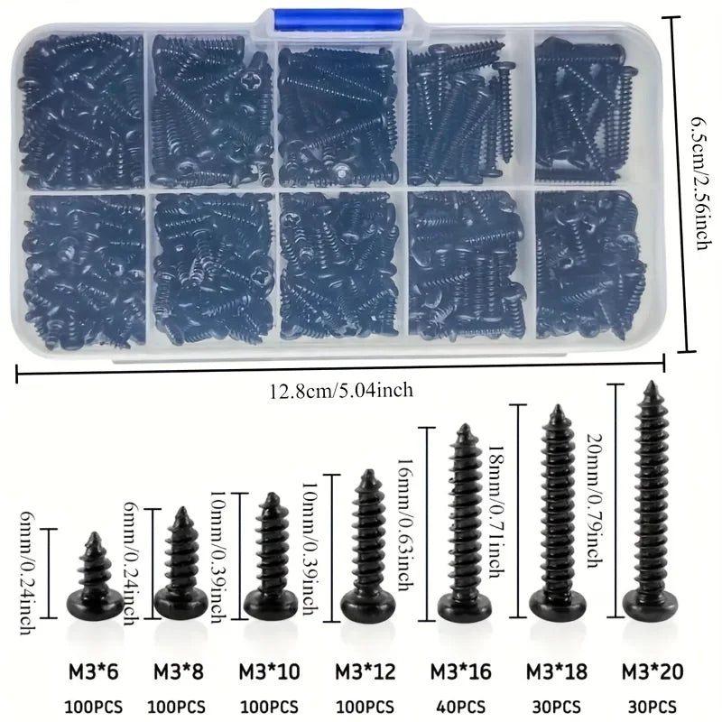 500顆M3黑色自攻螺絲盤頭十字自鑽木螺絲組合套裝碳鋼螺絲