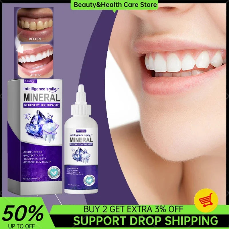 Hình ảnh sản phẩm kem đánh răng, nụ cười sáng, nền xanh tím, chữ khuyến mãi màu xanh lá.