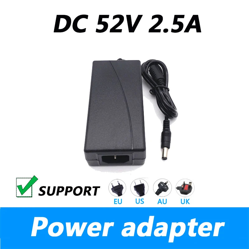 Bộ nguồn đen DC 52V 2.5A, dây cáp cuộn, hỗ trợ cắm EU, US, AU, UK. Chữ "Power adapter".