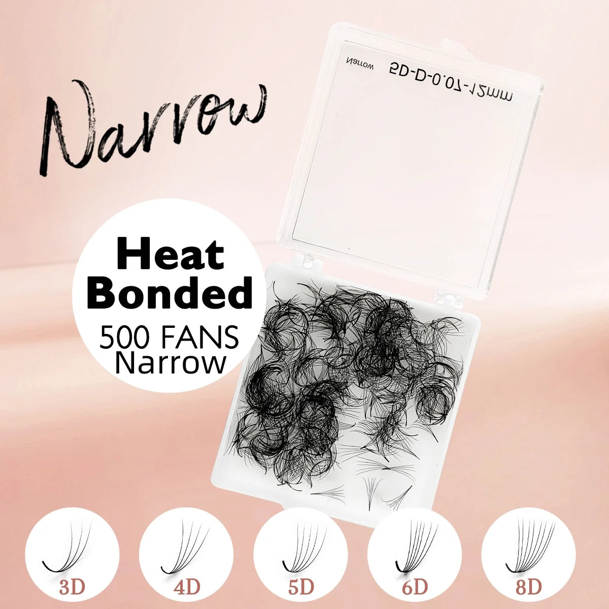 Hộp lông mi giả đen, chữ "Narrow", nền màu hồng nhạt, các kiểu mi 3D-8D ở dưới.