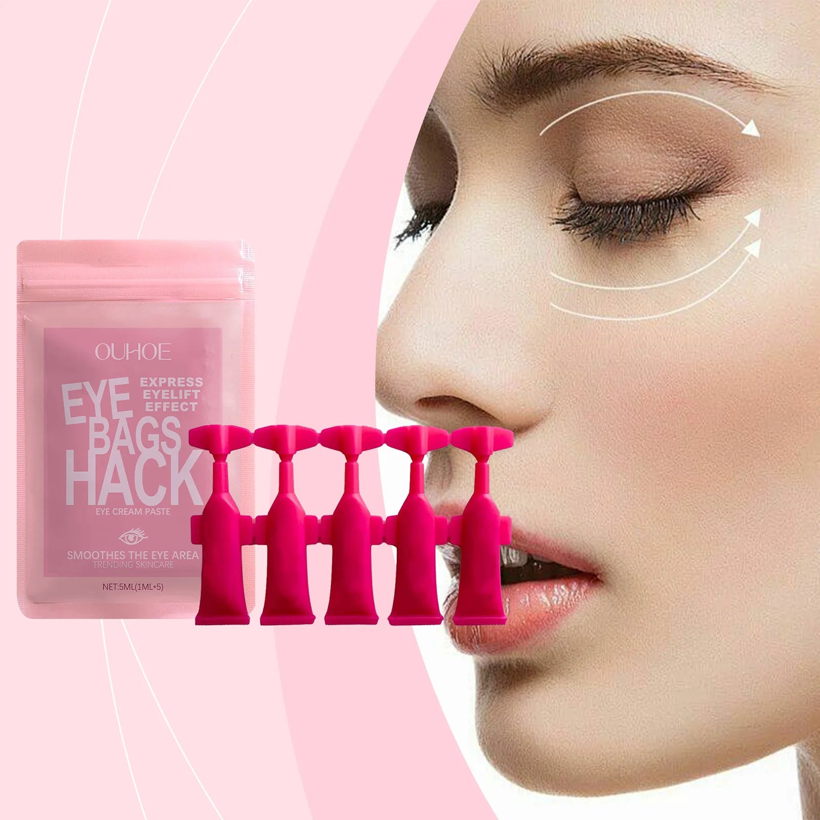 Hộp kem mắt màu hồng bên trái, nữ với mắt nhắm, mũi tên trắng quanh mắt, nền hồng.