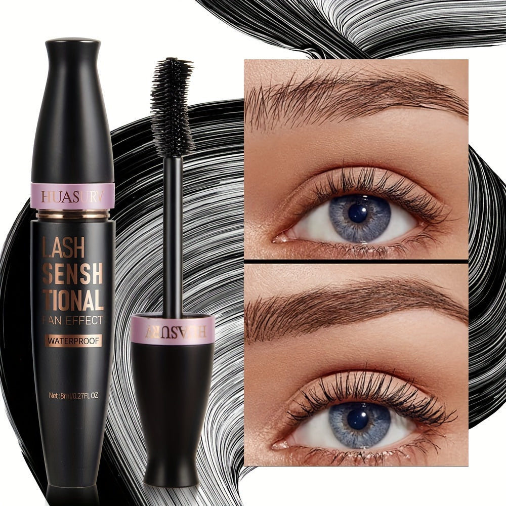 Mascara đen với cọ xoắn, nền trắng đen, ảnh mắt cận cảnh với lông mi dài.