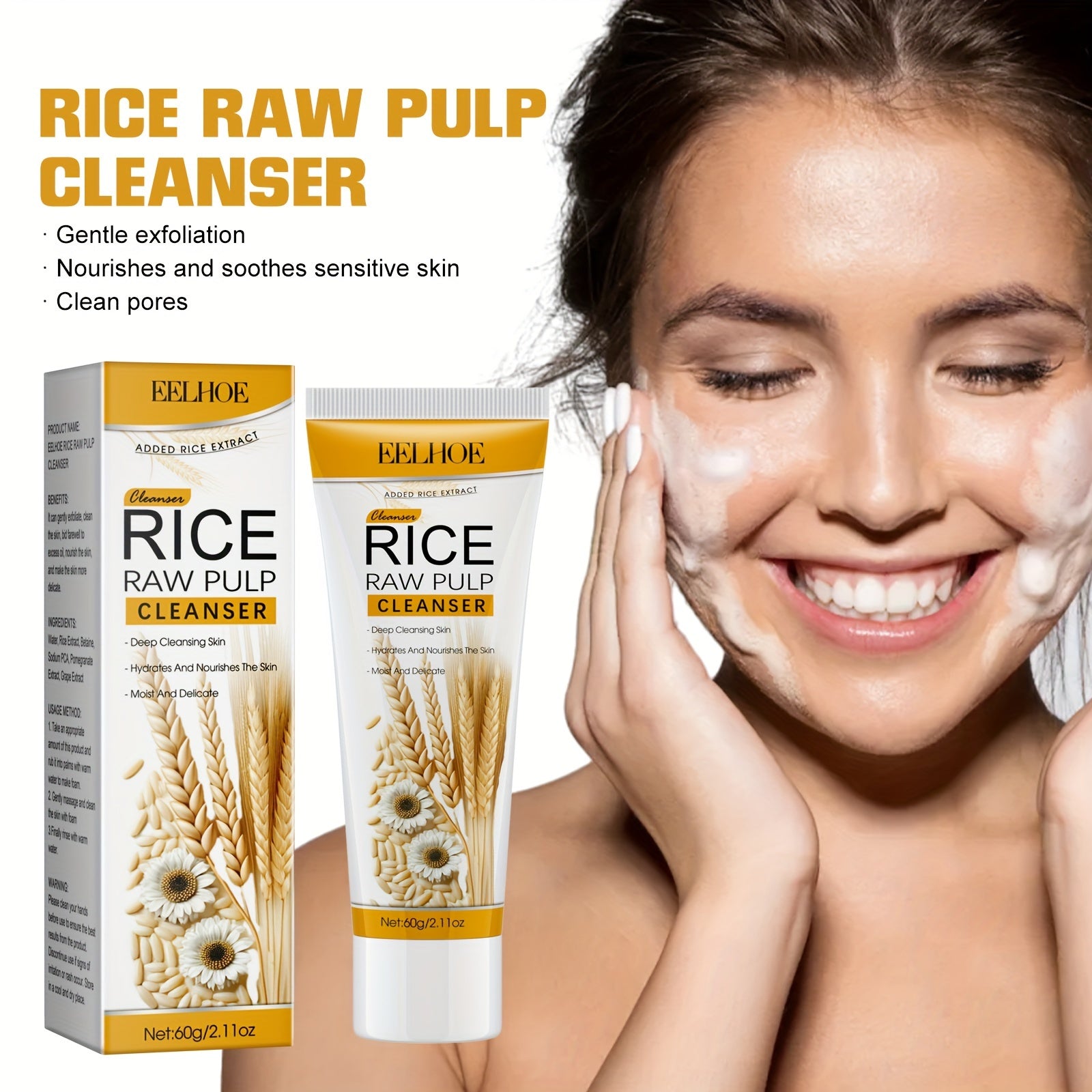 Rice Raw Pulp Foaming Cleanser - 60g |, Alcohol-Free with Hyaluronic Acid &amp; Fresh Scent | Deep Pore Cleansing for Radiant Skin
