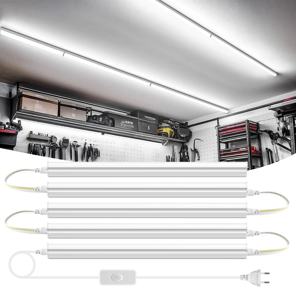 Bốn đèn LED trắng sáng, hình trụ, với công tắc và phích cắm, lắp trên trần nhà kho.
