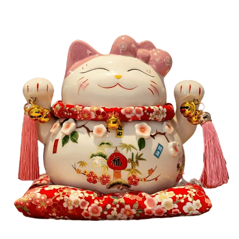 Mèo thần tài trắng, chi tiết hoa, ngồi trên đệm đỏ hoa, tông hồng và vàng.