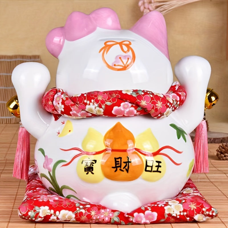 Mèo Gốm Đào Hồng Thu Hút Tài Lộc & Tình Duyên