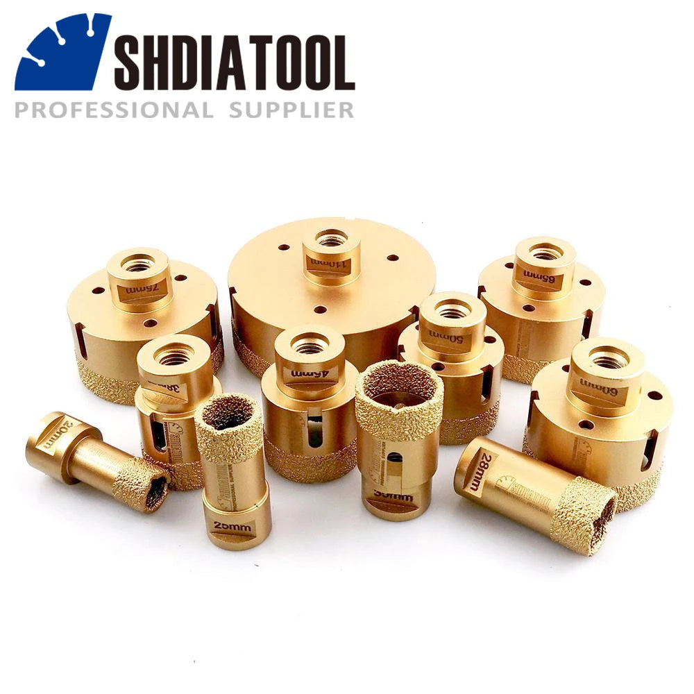 Các mũi khoan phủ vàng lấp lánh trên nền trắng, kèm logo SHDIATOOL màu xanh đen.