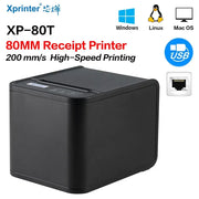 Máy in hóa đơn XP-80T màu đen, hỗ trợ USB, Ethernet, in tốc độ cao 200mm/s.