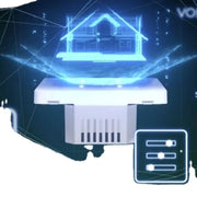 Thiết bị phát sáng hình ngôi nhà 3D màu xanh lam trên nền tối, có biểu tượng điều chỉnh bên phải.
