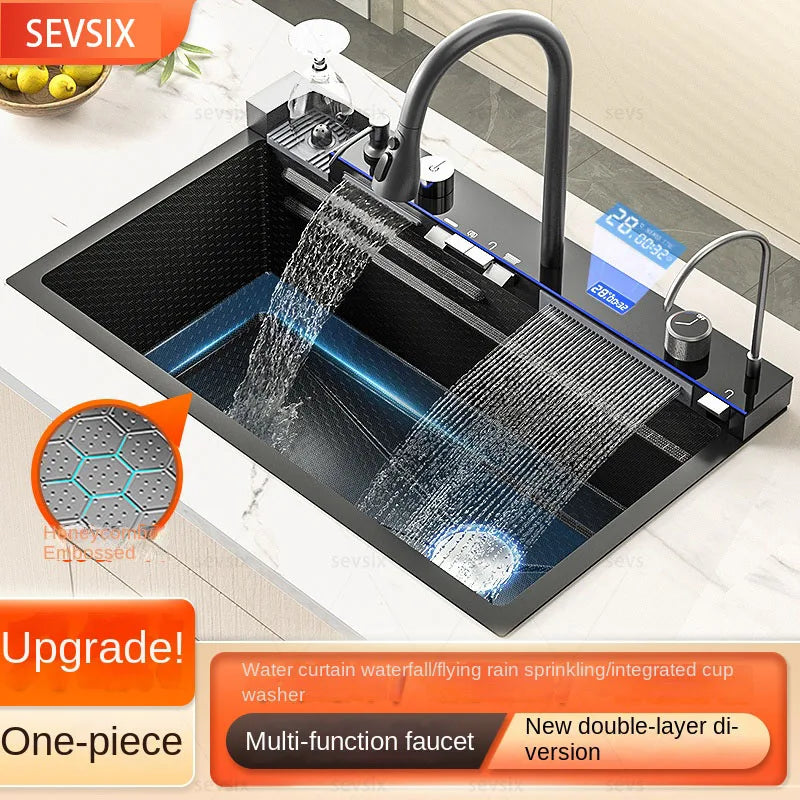 304 Stainless Steel Waterfall Kitchen Sink Large Single Slot Integrated Digital Display Faucet Set Soap Dispenser Cup Washer - Daisan Mart