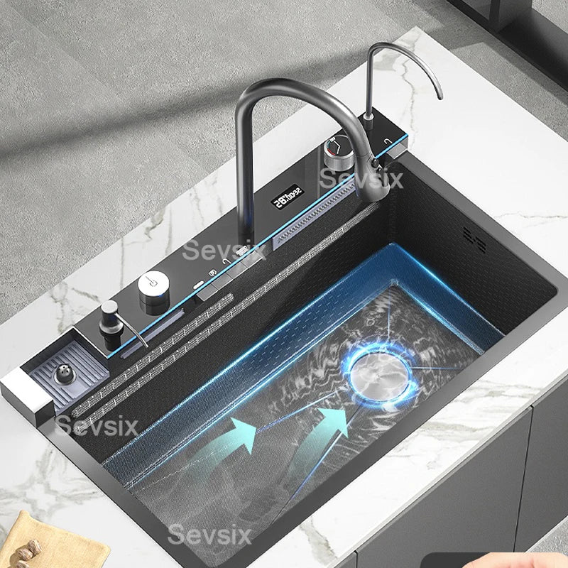 304 Stainless Steel Waterfall Kitchen Sink Large Single Slot Integrated Digital Display Faucet Set Soap Dispenser Cup Washer - Daisan Mart