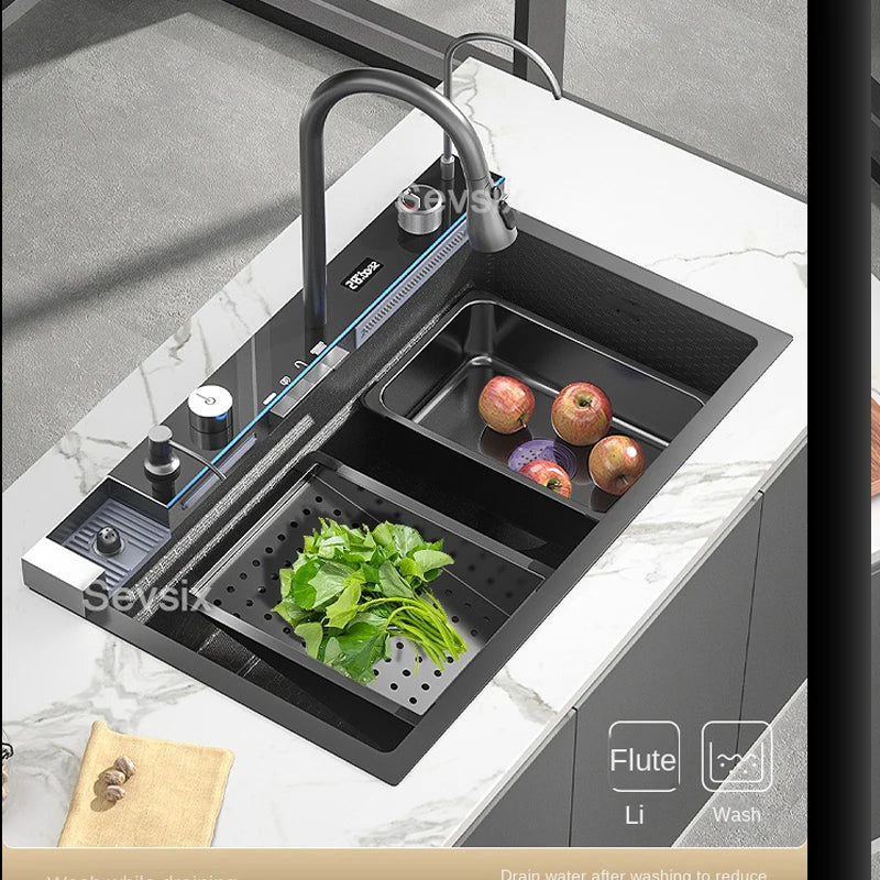 304 Stainless Steel Waterfall Kitchen Sink Large Single Slot Integrated Digital Display Faucet Set Soap Dispenser Cup Washer - Daisan Mart