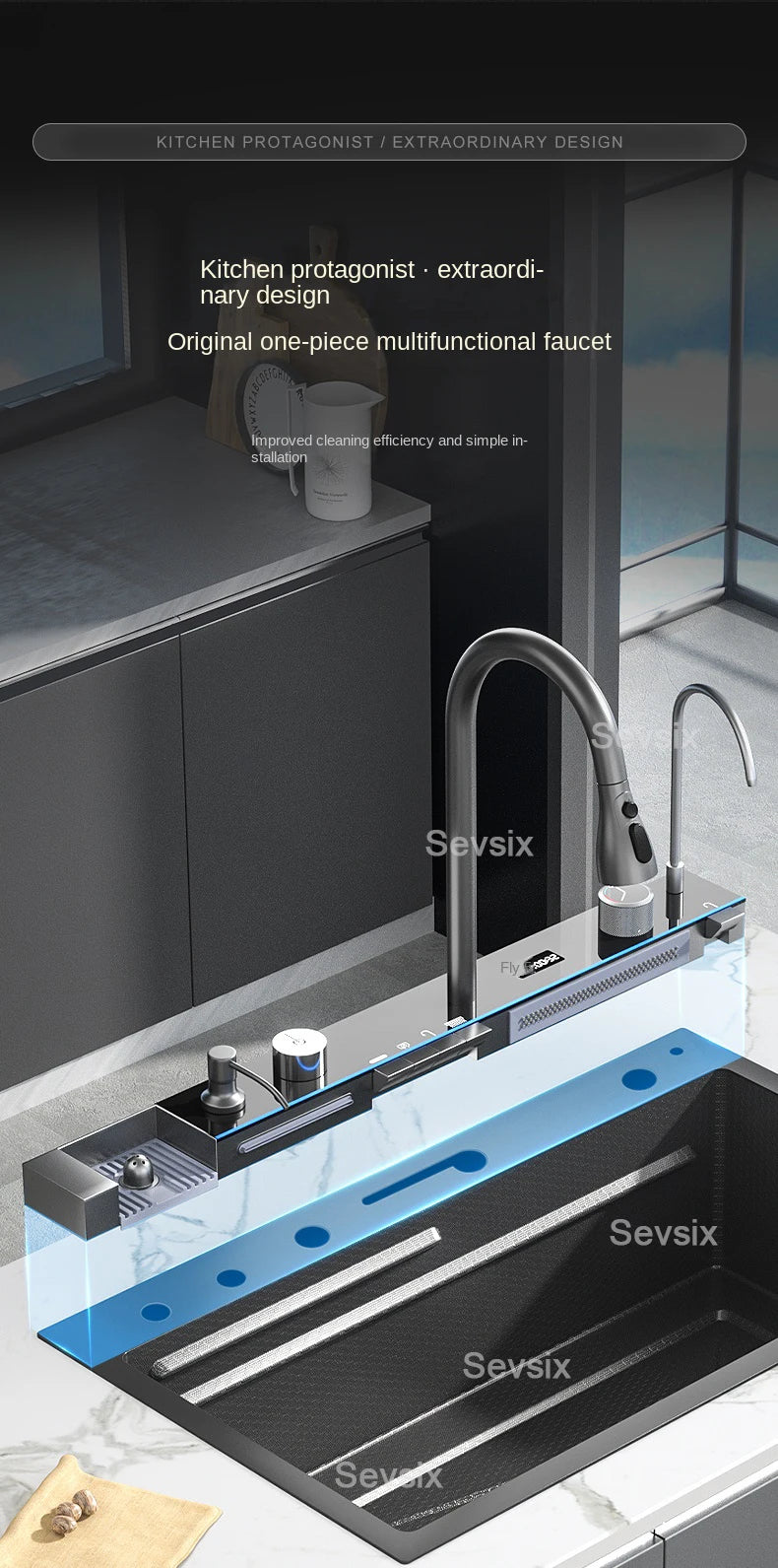 304 Stainless Steel Waterfall Kitchen Sink Large Single Slot Integrated Digital Display Faucet Set Soap Dispenser Cup Washer - Daisan Mart