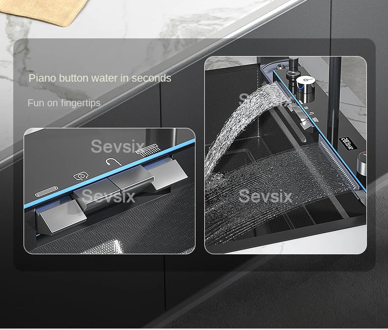 304 Stainless Steel Waterfall Kitchen Sink Large Single Slot Integrated Digital Display Faucet Set Soap Dispenser Cup Washer - Daisan Mart