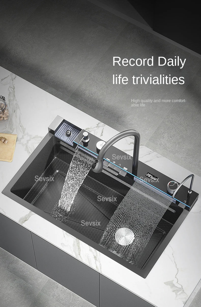 304 Stainless Steel Waterfall Kitchen Sink Large Single Slot Integrated Digital Display Faucet Set Soap Dispenser Cup Washer - Daisan Mart
