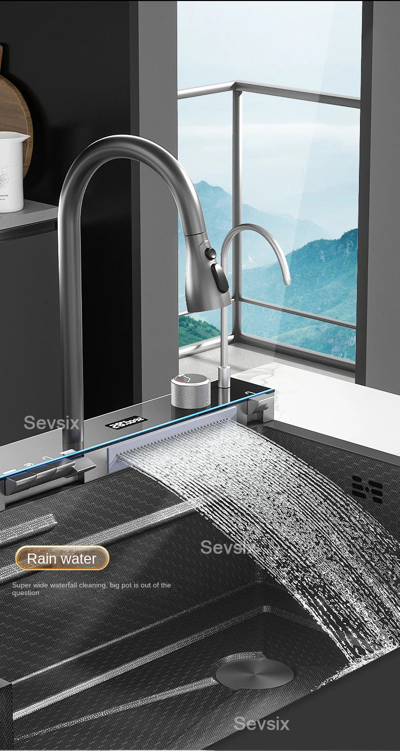 304 Stainless Steel Waterfall Kitchen Sink Large Single Slot Integrated Digital Display Faucet Set Soap Dispenser Cup Washer - Daisan Mart