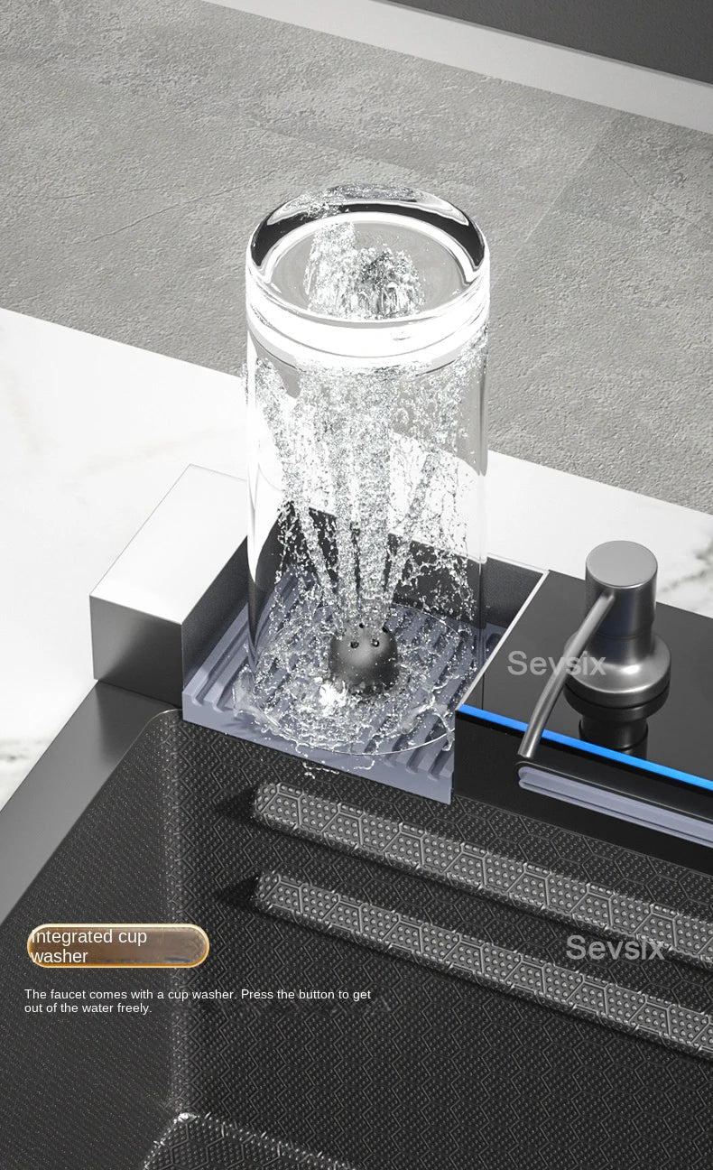 304 Stainless Steel Waterfall Kitchen Sink Large Single Slot Integrated Digital Display Faucet Set Soap Dispenser Cup Washer - Daisan Mart