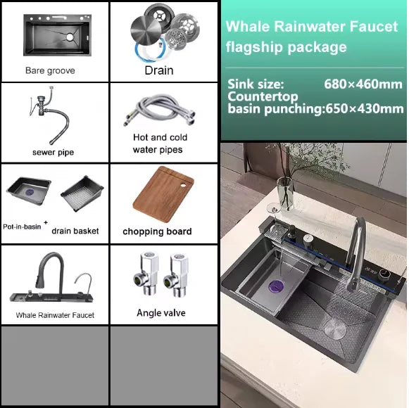 304 Stainless Steel Waterfall Kitchen Sink Large Single Slot Integrated Digital Display Faucet Set Soap Dispenser Cup Washer - Daisan Mart