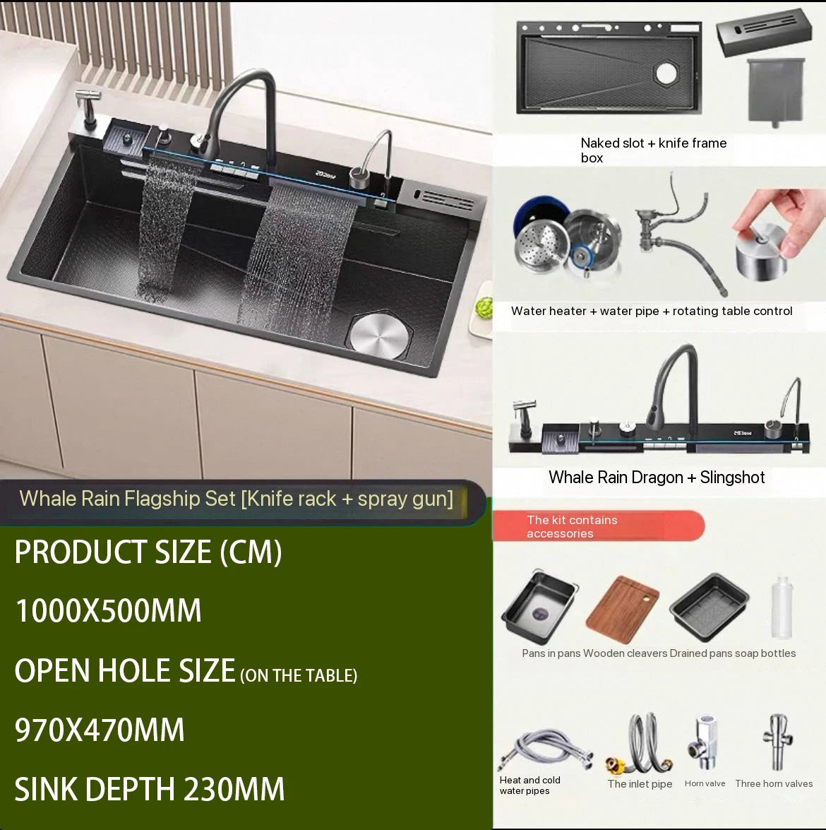 304 Stainless Steel Waterfall Kitchen Sink Large Single Slot Integrated Digital Display Faucet Set Soap Dispenser Cup Washer - Daisan Mart
