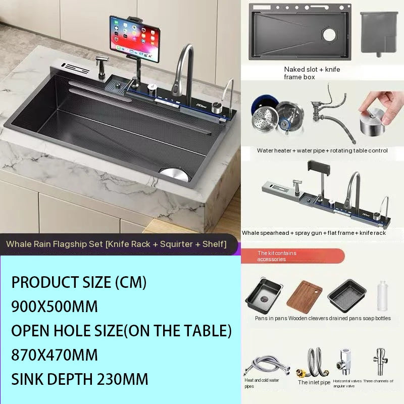 304 Stainless Steel Waterfall Kitchen Sink Large Single Slot Integrated Digital Display Faucet Set Soap Dispenser Cup Washer - Daisan Mart